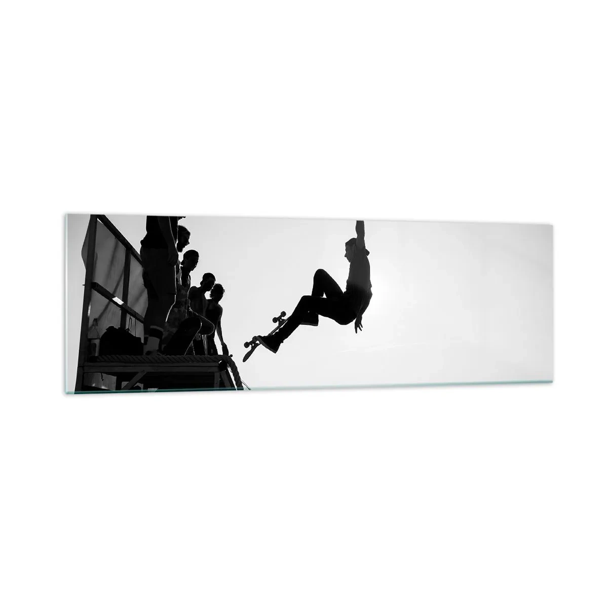 Impression sur verre - Image sur verre - Scène de skateboard en noir et blanc sur une rampe - 160x50cm - Héros et spectateurs - Décoration murale moderne pour le salon et la chambre ARTTOR