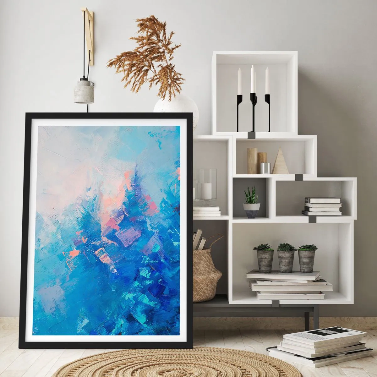 Affiche dans un cadre noir - Poster - Une composition abstraite dans les tons de bleu et de rose inspirée d'un paysage hivernal. - 50x70cm - Abstraction hivernale - Décoration murale moderne pour le salon et la chambre ARTTOR