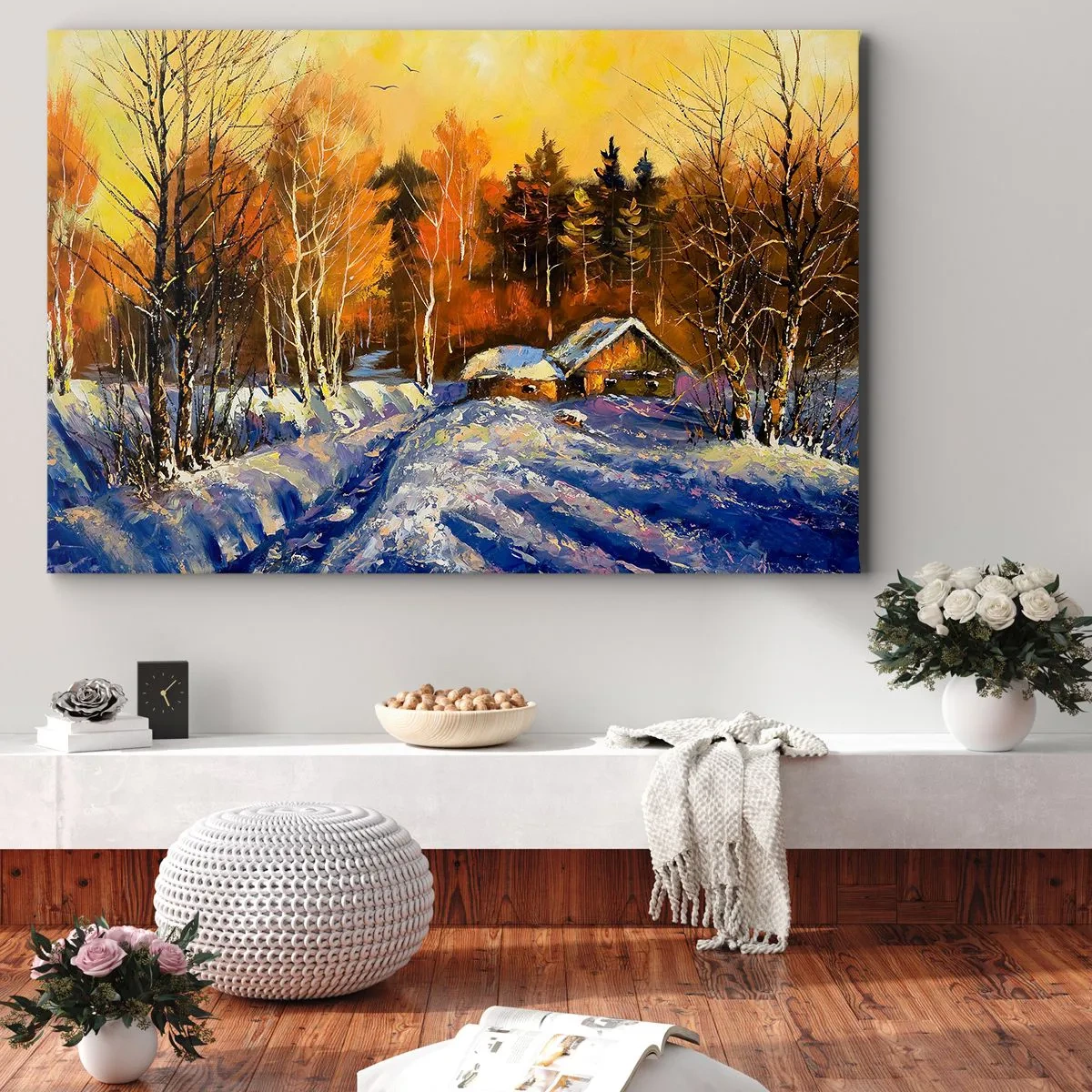 Impression sur toile - Image sur toile - Paysage d'hiver avec une maison à la lumière du soleil couchant - 120x80cm - Impression d'hiver au soleil - Décoration murale moderne pour le salon et la chambre ARTTOR