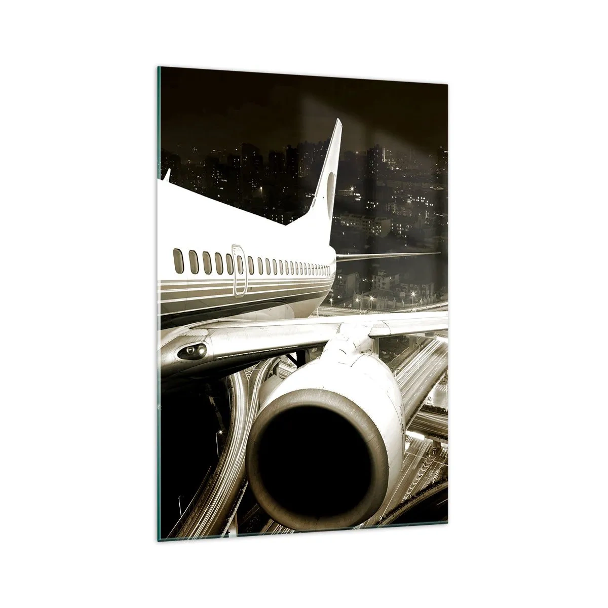 Impression sur verre - Image sur verre - Un avion au-dessus d'une ville nocturne avec des autoroutes illuminées - 70x100cm - Vole dans la nuit - Décoration murale moderne pour le salon et la chambre ARTTOR