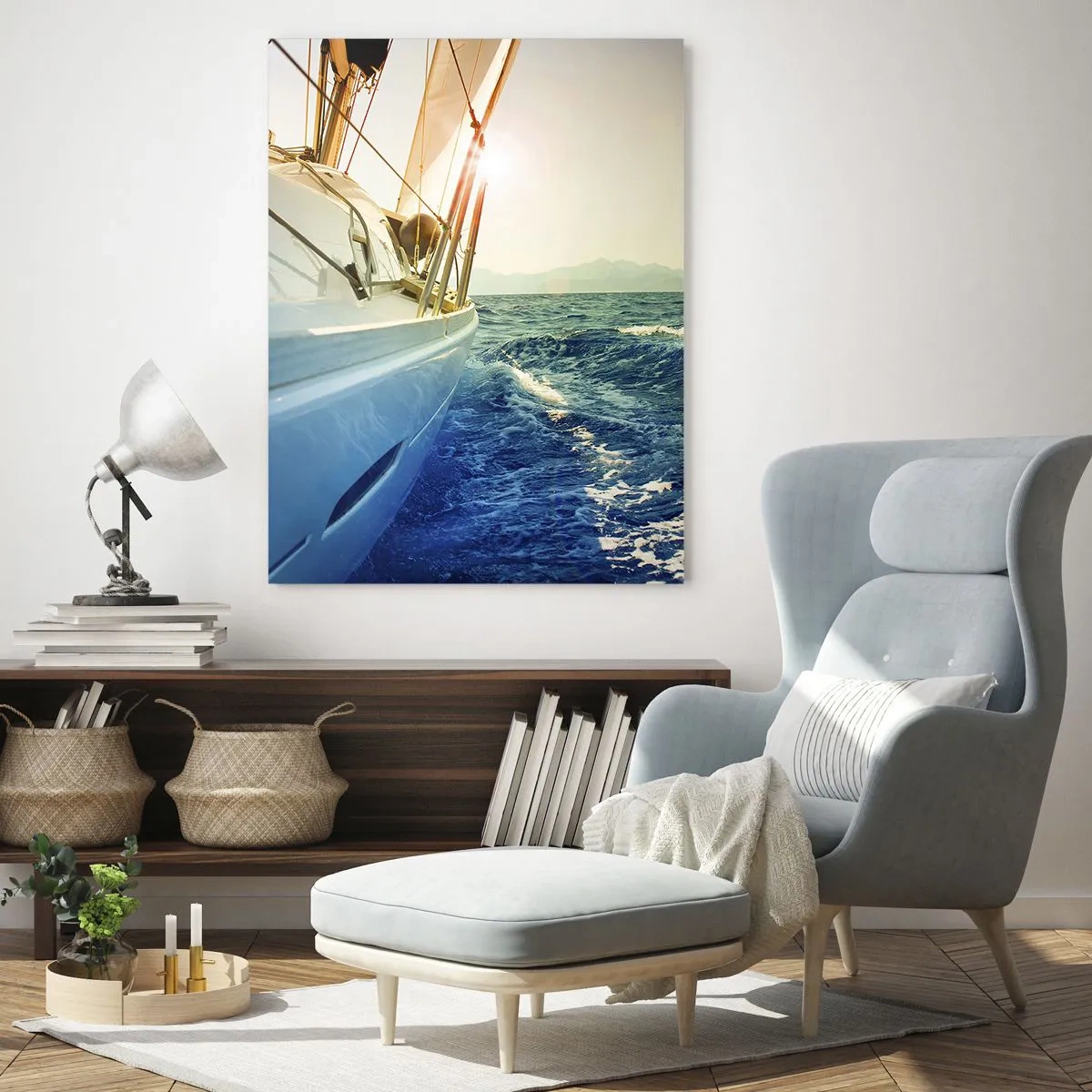 Impression sur verre - Image sur verre - Un yacht en pleine mer avec vue sur les vagues - 80x120cm - Suite à l'aventure - Décoration murale moderne pour le salon et la chambre ARTTOR