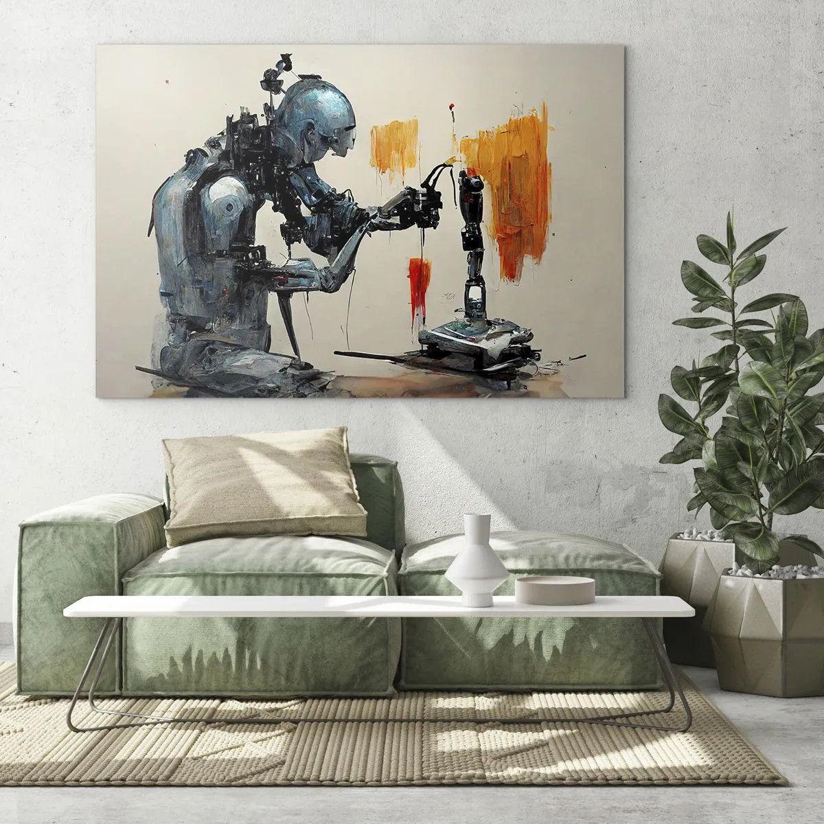 Impression sur verre - Image sur verre - Un robot peignant une main mécanique sur un fond abstrait. - 120x80cm - Déjà demain… - Décoration murale moderne pour le salon et la chambre ARTTOR