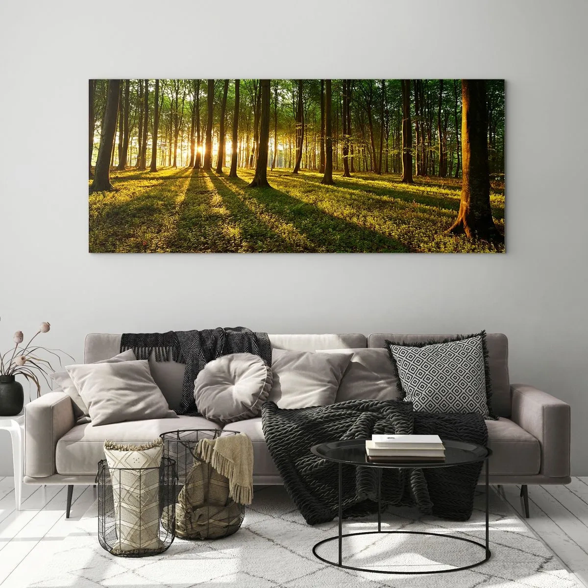 Impression sur verre - Image sur verre - Le soleil couchant dans la forêt de feuillus - 140x50cm - Toutes les photographies de printemps - Décoration murale moderne pour le salon et la chambre ARTTOR