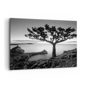Impression sur toile - Image sur toile - Paysage noir et blanc avec un arbre solitaire sur une falaise au-dessus de la mer - 100x70cm - Paix jusqu'à l'horizon - Décoration murale moderne pour le salon et la chambre ARTTOR