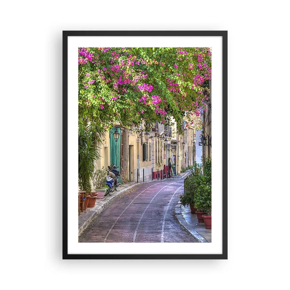 Affiche dans un cadre noir - Poster - Une rue colorée avec des fleurs en fleurs et une architecture classique - 50x70cm - Allée fleurie - Décoration murale moderne pour le salon et la chambre ARTTOR