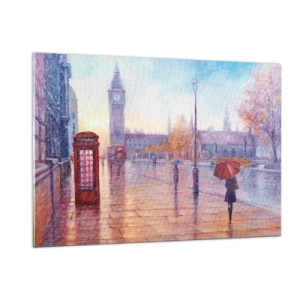 Impression sur verre - Image sur verre - Scène londonienne sous la pluie avec Big Ben et la boîte rouge - 120x80cm - Jour automnal londonien - Décoration murale moderne pour le salon et la chambre ARTTOR