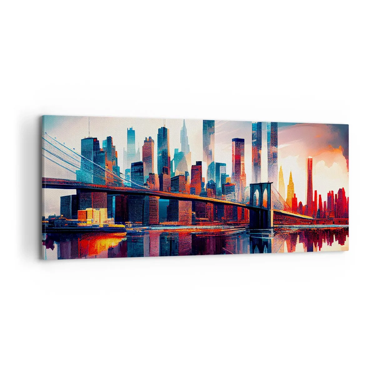 Impression sur toile - Image sur toile - Panorama de la ville de New York avec pont et reflet dans l'eau - 120x50cm - New York onirique - Décoration murale moderne pour le salon et la chambre ARTTOR