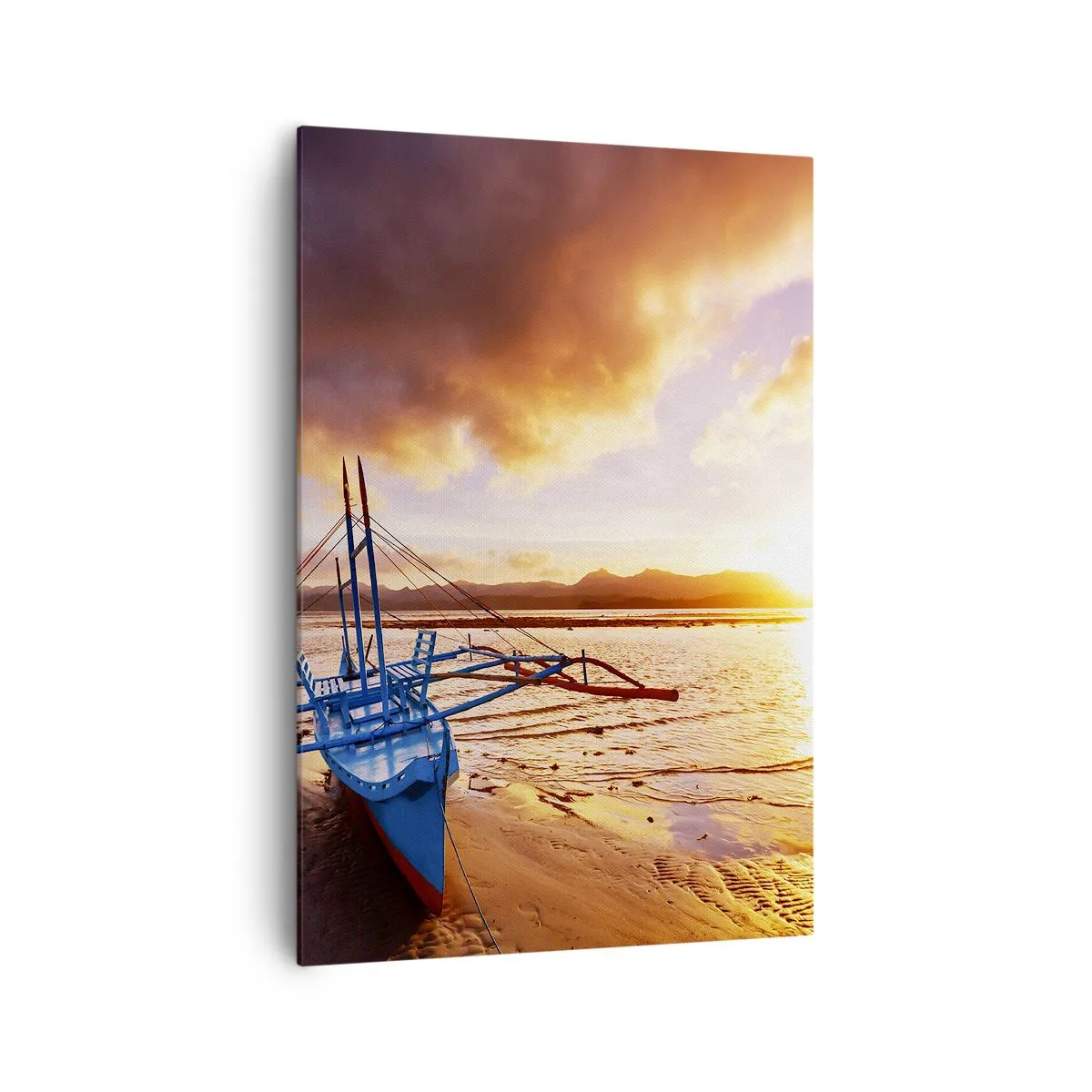 Impression sur toile - Image sur toile - Bateau bleu sur la plage au coucher du soleil - 70x100cm - Allongez-vous dans le sable après une longue journée - Décoration murale moderne pour le salon et la chambre ARTTOR