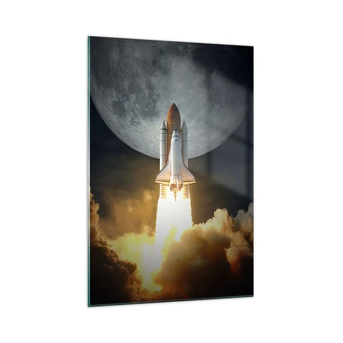 Impression sur verre - Image sur verre - Une fusée décollant sur fond de pleine lune entourée de nuages dynamiques. - 70x100cm - Le début d'une aventure surnaturelle - Décoration murale moderne pour le salon et la chambre ARTTOR