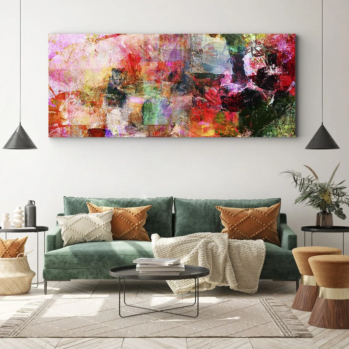 Impression sur toile - Image sur toile - Une composition abstraite aux tons dominants rose et rouge. - 120x50cm - Un voyage à travers les roses - Décoration murale moderne pour le salon et la chambre ARTTOR