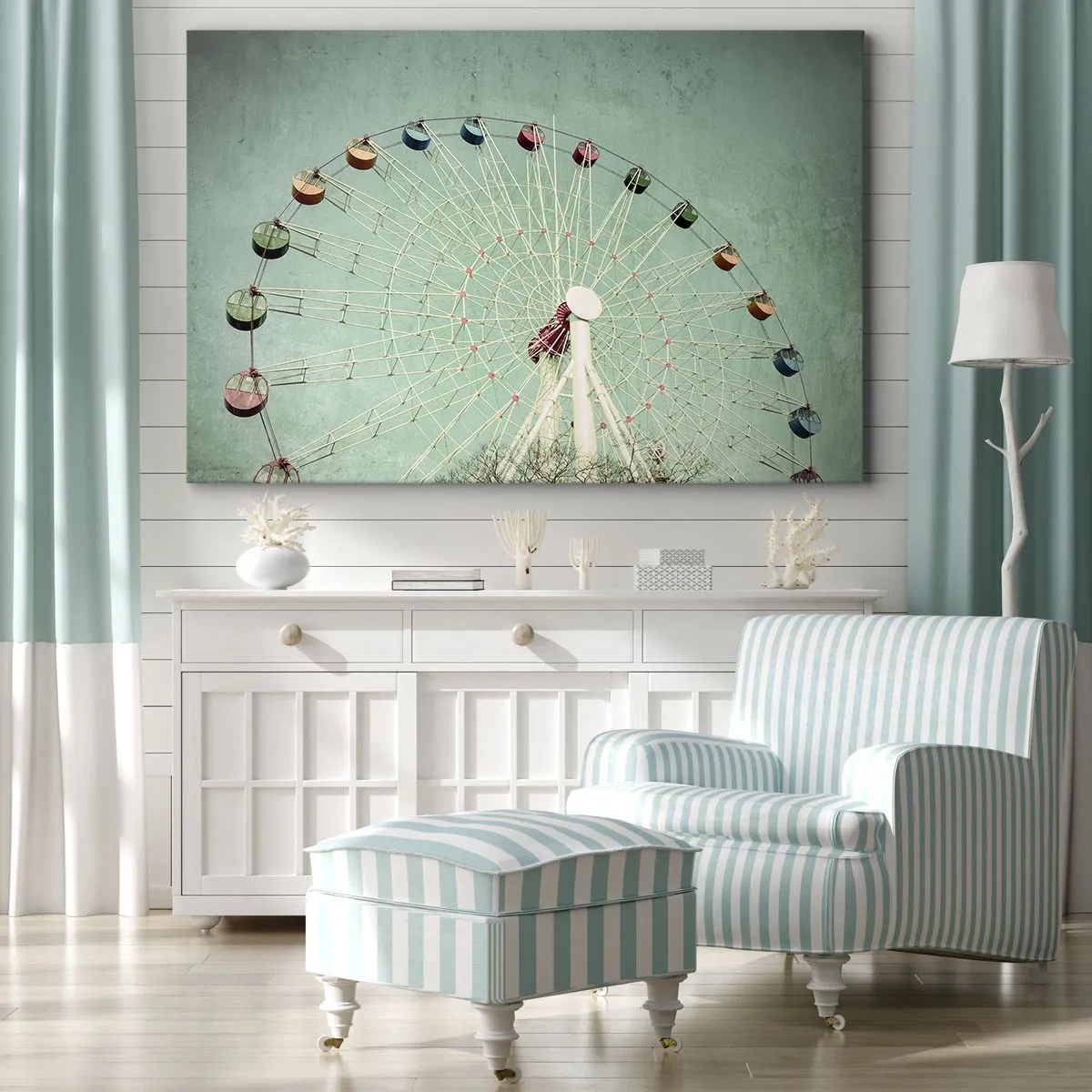 Impression sur toile - Image sur toile - Une grande roue colorée contre un ciel bleu dans un style rétro - 100x70cm - Nous vous invitons à vous amuser - Décoration murale moderne pour le salon et la chambre ARTTOR