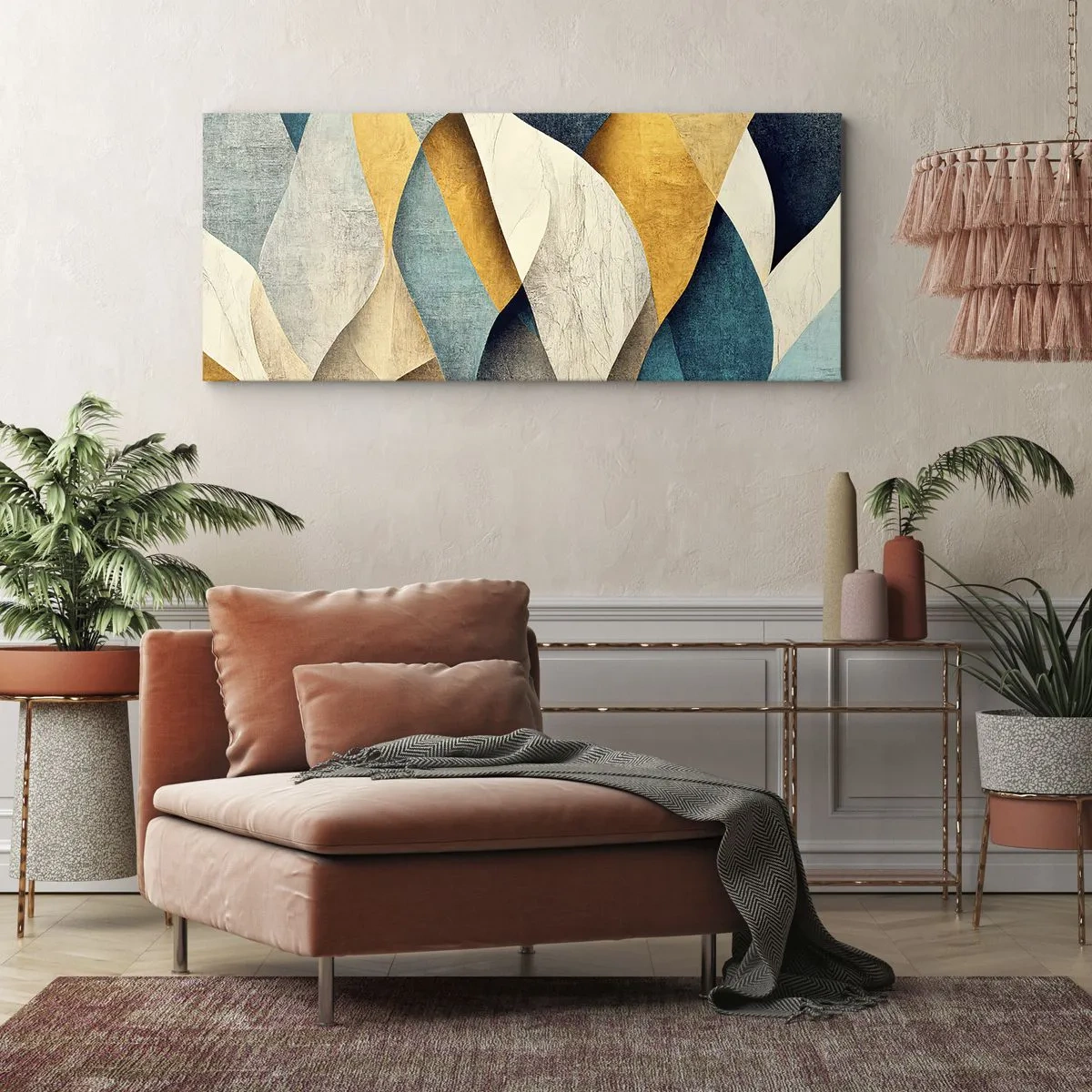 Impression sur toile - Image sur toile - Vagues abstraites dans des tons de bleu et d'or - 120x50cm - Rythme et vague - Décoration murale moderne pour le salon et la chambre ARTTOR