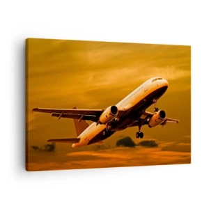 Impression sur toile - Image sur toile - Un avion de ligne décollant sous un ciel de coucher de soleil doré. - 70x50cm - Vol vers le soleil - Décoration murale moderne pour le salon et la chambre ARTTOR