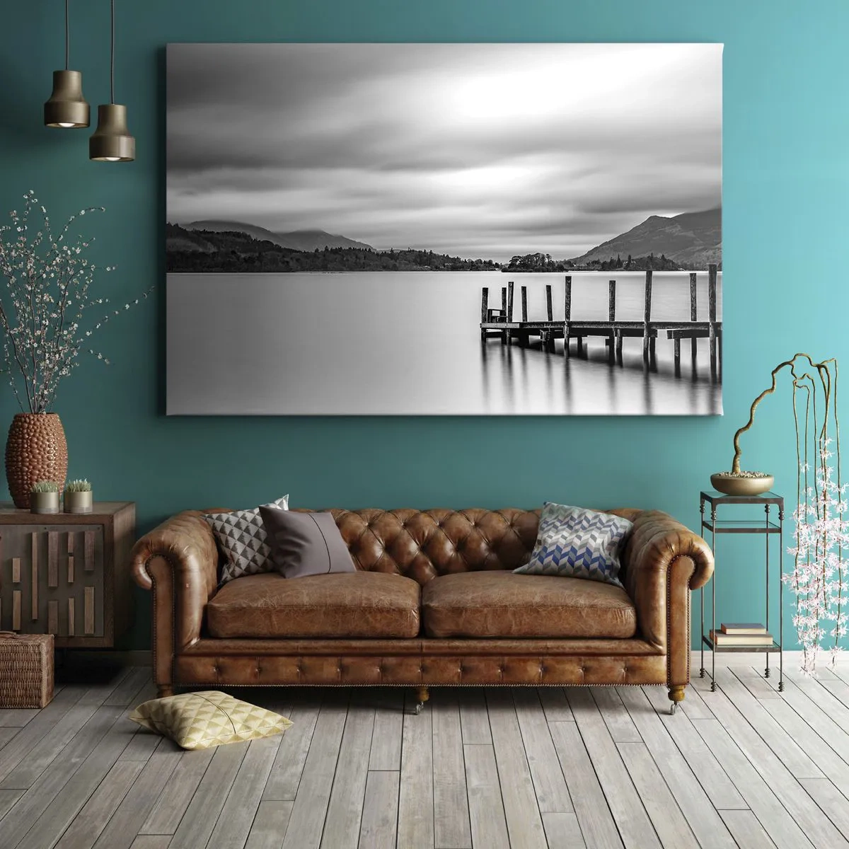 Impression sur toile - Image sur toile - Paysage noir et blanc avec une jetée sur un lac - 120x80cm - Douceur et force - Décoration murale moderne pour le salon et la chambre ARTTOR