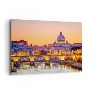 Impression sur toile - Image sur toile - Panorama du Vatican au coucher du soleil avec un pont sur la rivière - 120x80cm - Coucher de soleil sur la ville éternelle - Décoration murale moderne pour le salon et la chambre ARTTOR