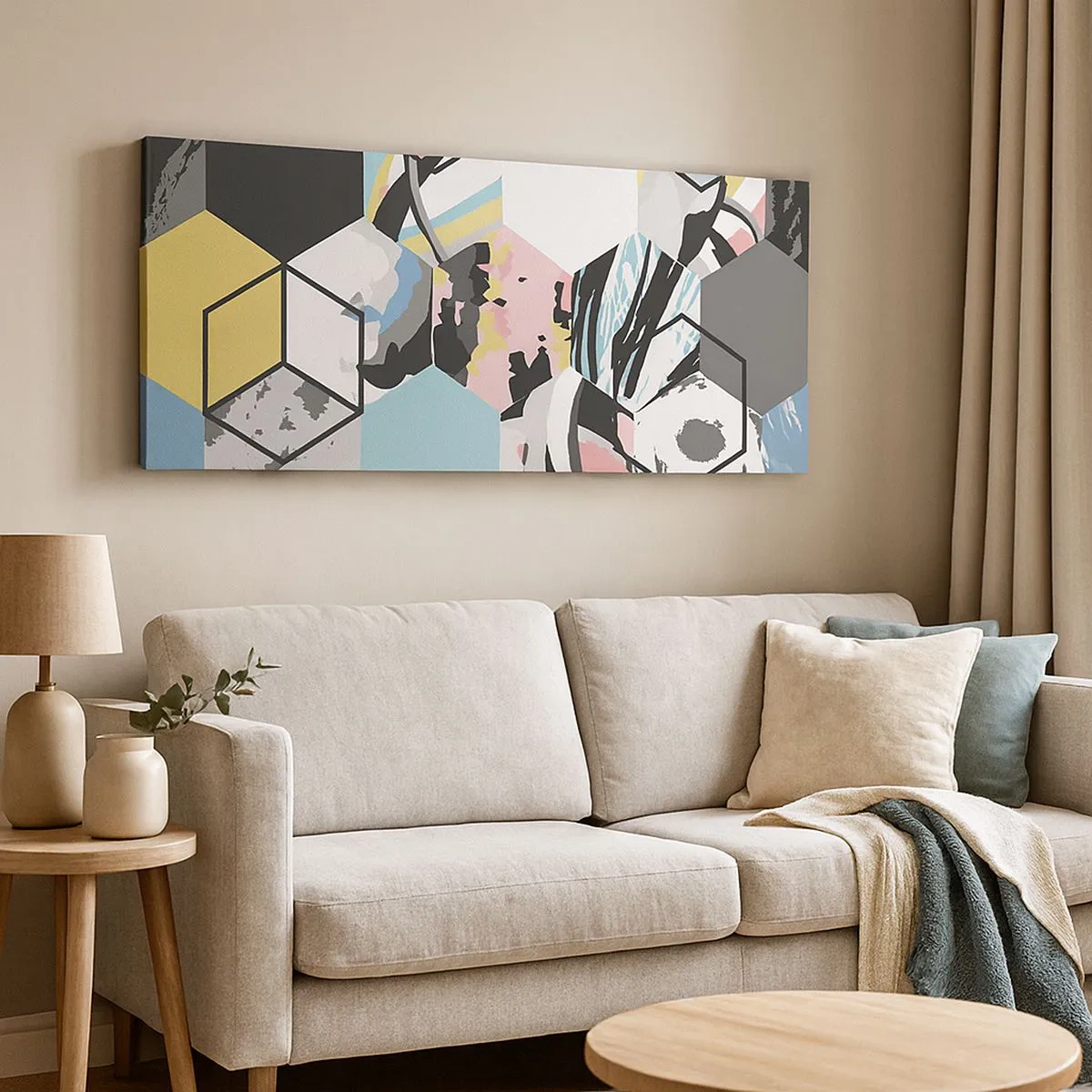 Impression sur toile - Image sur toile - Hexagones et cubes en six couleurs - 100x40 cm