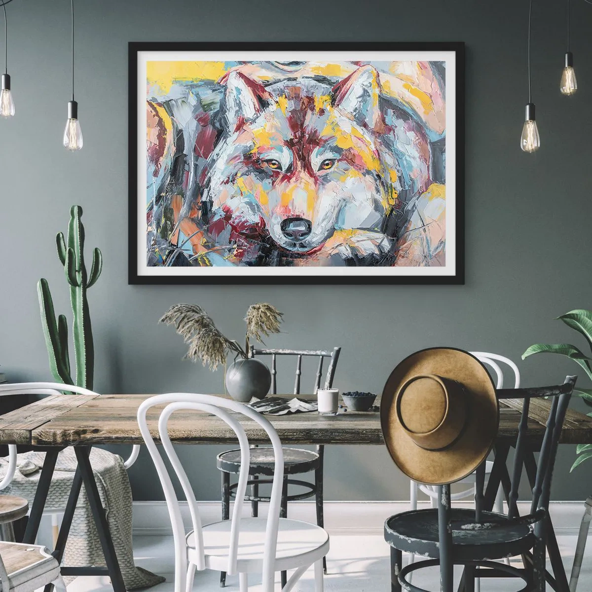Affiche dans un cadre noir - Poster - Portrait artistique d'un loup aux couleurs intenses - 70x50cm - En paix au milieu des siens - Décoration murale moderne pour le salon et la chambre ARTTOR