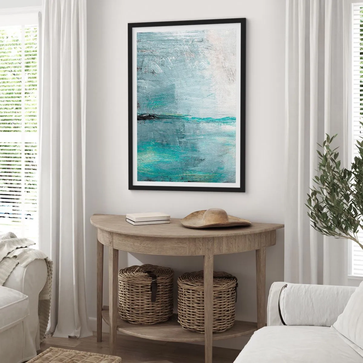Affiche dans un cadre noir - Poster - Paysage abstrait dans les tons de bleu et de gris - 50x70cm - Horizontalement en bleu - Décoration murale moderne pour le salon et la chambre ARTTOR