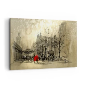 Impression sur toile - Image sur toile - Une figure rouge dans un décor urbain nostalgique - 100x70cm - Rendez-vous dans le brouillard de Londres - Décoration murale moderne pour le salon et la chambre ARTTOR