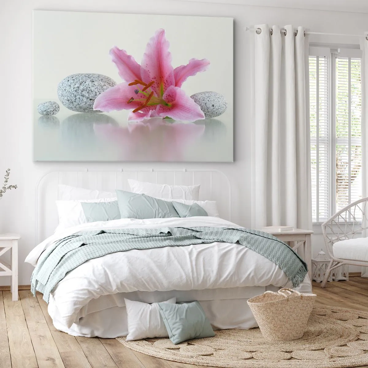 Impression sur toile - Image sur toile - Fleur de lys rose avec des pierres sur un fond clair - 70x50cm - Étude de rose, gris et blanc - Décoration murale moderne pour le salon et la chambre ARTTOR