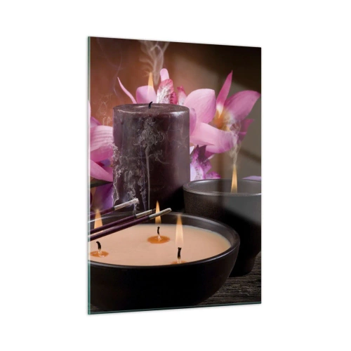 Impression sur verre - Image sur verre - Composition de relaxation avec Bouddha, bougies et fleurs - 50x70cm - Vider l'esprit, calmer le corps - Décoration murale moderne pour le salon et la chambre ARTTOR