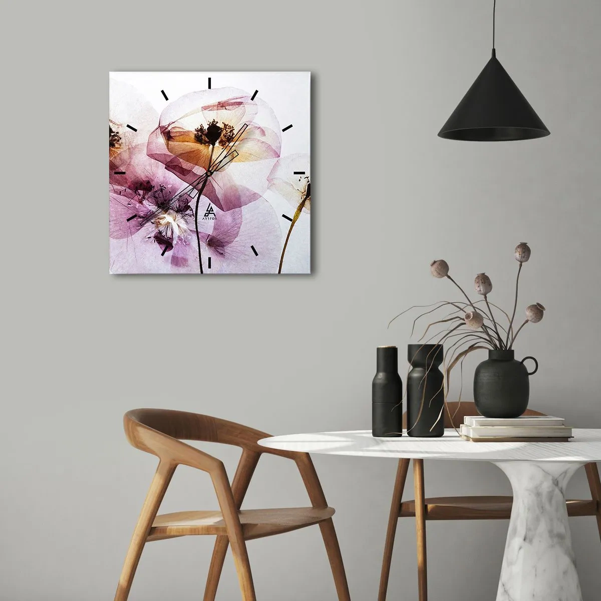 Horloge murale - Pendule murale - Fleurs délicates et transparentes aux tons pastel - 30x30cm - Corps de fleurs transparente - Décoration murale moderne pour le salon et la chambre ARTTOR