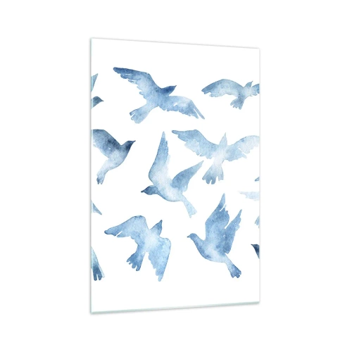 Impression sur verre - Image sur verre - Une aquarelle subtile représentant des oiseaux en vol - 70x100cm - Oiseaux bleus - Décoration murale moderne pour le salon et la chambre ARTTOR