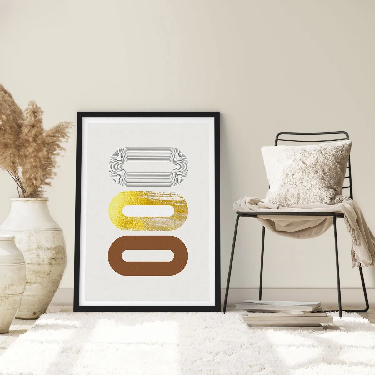 Affiche dans un cadre noir - Poster - Formes géométriques dans les tons d'or, de marron et de gris - 50x70cm - Ooo! - Décoration murale moderne pour le salon et la chambre ARTTOR