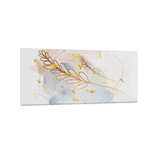 Impression sur verre - Image sur verre - Un délicat motif de feuille dorée sur un fond pastel avec des détails aquarelles. - 120x50cm - Explosion d'or - Décoration murale moderne pour le salon et la chambre ARTTOR