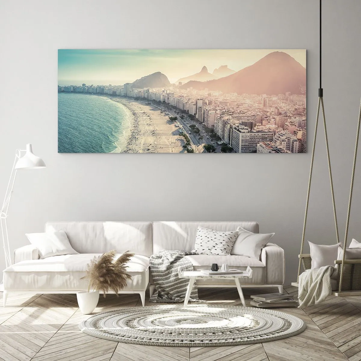 Impression sur verre - Image sur verre - Panorama de la plage de Copacabana avec les montagnes en arrière-plan à Rio de Janeiro - 160x50cm - Vacances éternelles à Rio - Décoration murale moderne pour le salon et la chambre ARTTOR