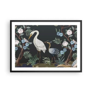 Affiche dans un cadre noir - Poster - Oiseaux et plantes peints sur un fond sombre avec un motif élégant - 70x50cm - Parade d'oiseaux - Décoration murale moderne pour le salon et la chambre ARTTOR