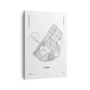 Impression sur toile - Image sur toile - Une carte minimaliste en noir et blanc de Dubaï avec des marquages de localisation. - 70x100cm - Anatomie de Dubaï - Décoration murale moderne pour le salon et la chambre ARTTOR