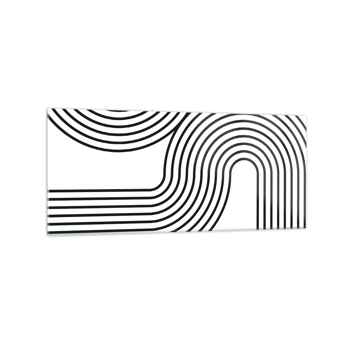 Impression sur verre - Image sur verre - Une peinture abstraite avec des lignes noires créant des motifs géométriques sur un fond blanc. - 120x50cm - En plein virage - Décoration murale moderne pour le salon et la chambre ARTTOR