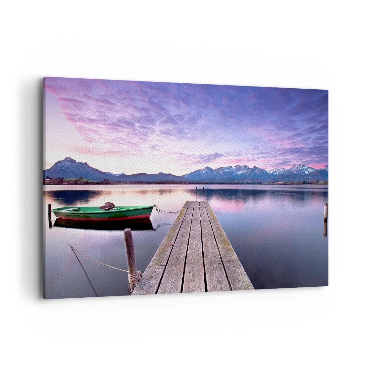 Impression sur toile - Image sur toile - Une jetée en bois avec un bateau sur un lac entouré de montagnes au coucher du soleil - 100x70cm - Silence amical - Décoration murale moderne pour le salon et la chambre ARTTOR