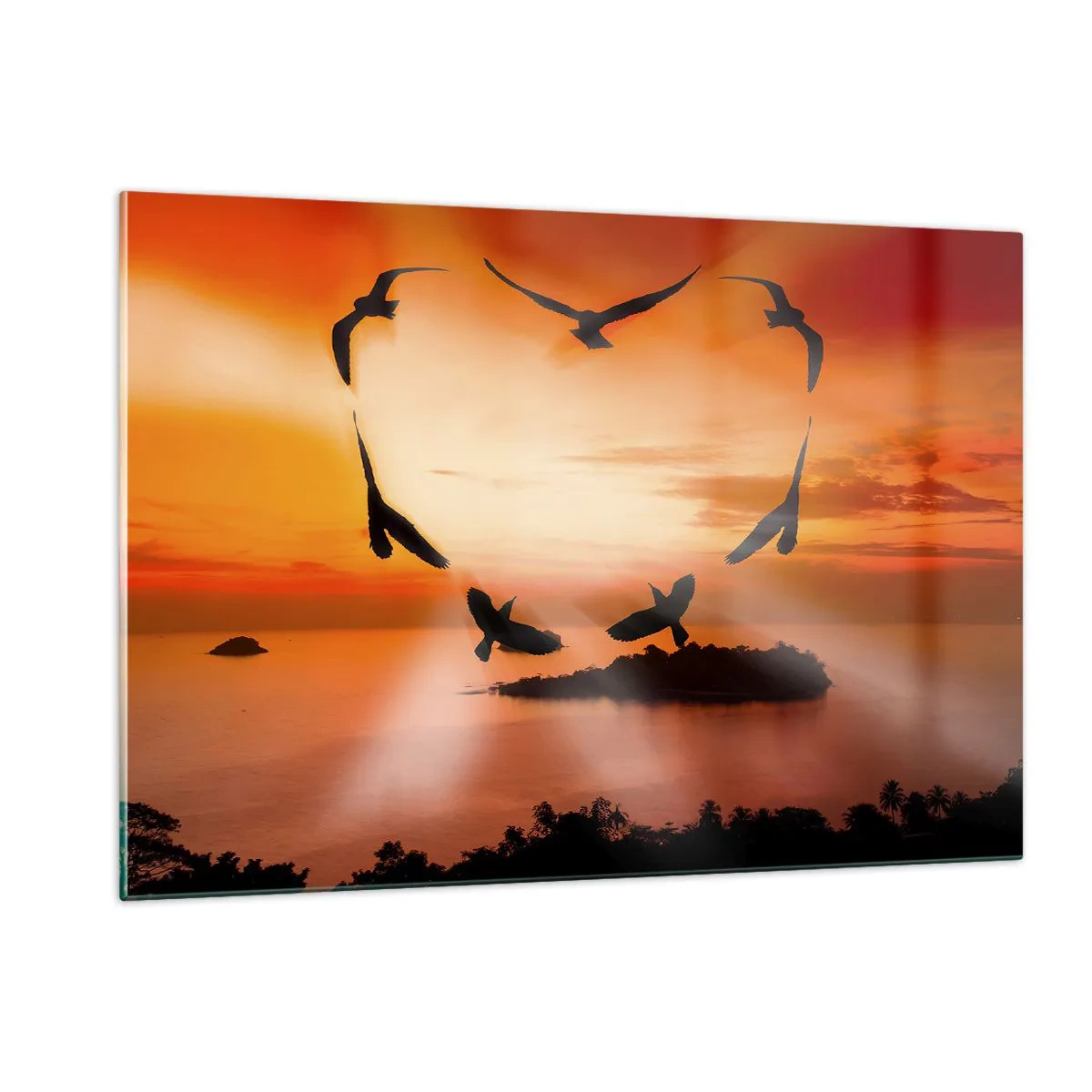Impression sur verre - Image sur verre - Oiseaux formant un cœur sur fond de coucher de soleil - 120x80cm - Aimer le monde comme les oiseaux - Décoration murale moderne pour le salon et la chambre ARTTOR