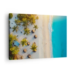 Impression sur toile - Image sur toile - Vue d'une plage tropicale avec des palmiers et une mer turquoise - 70x50cm - Bienvenue au paradis - Décoration murale moderne pour le salon et la chambre ARTTOR