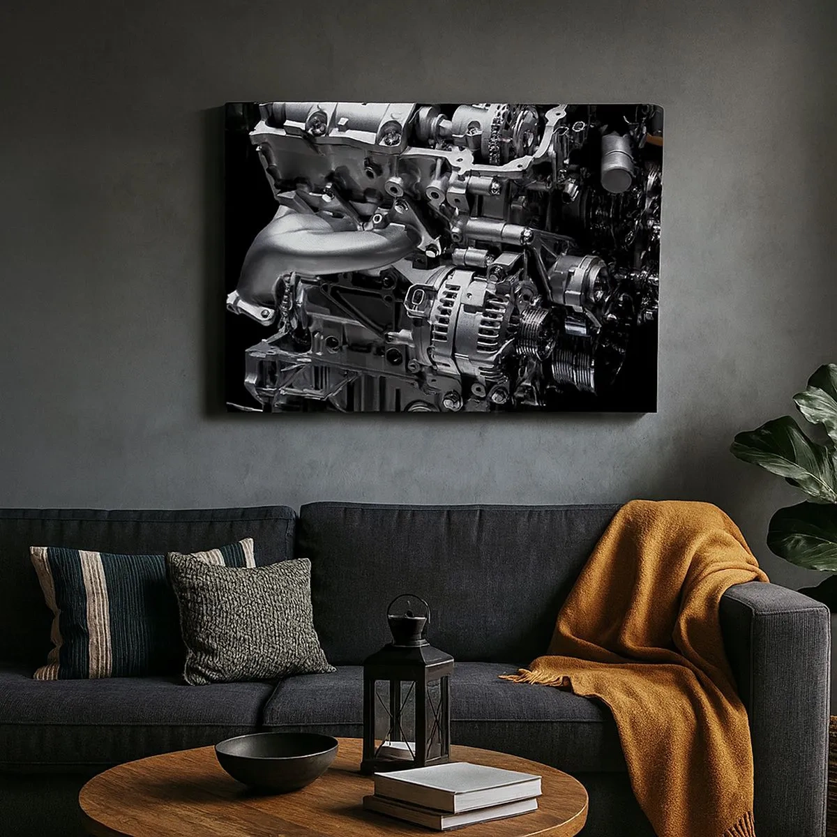 Impression sur toile - Image sur toile - Gros plan de pièces de moteur en métal sur fond noir - 70x50cm - Acier, beau, fort - Décoration murale moderne pour le salon et la chambre ARTTOR