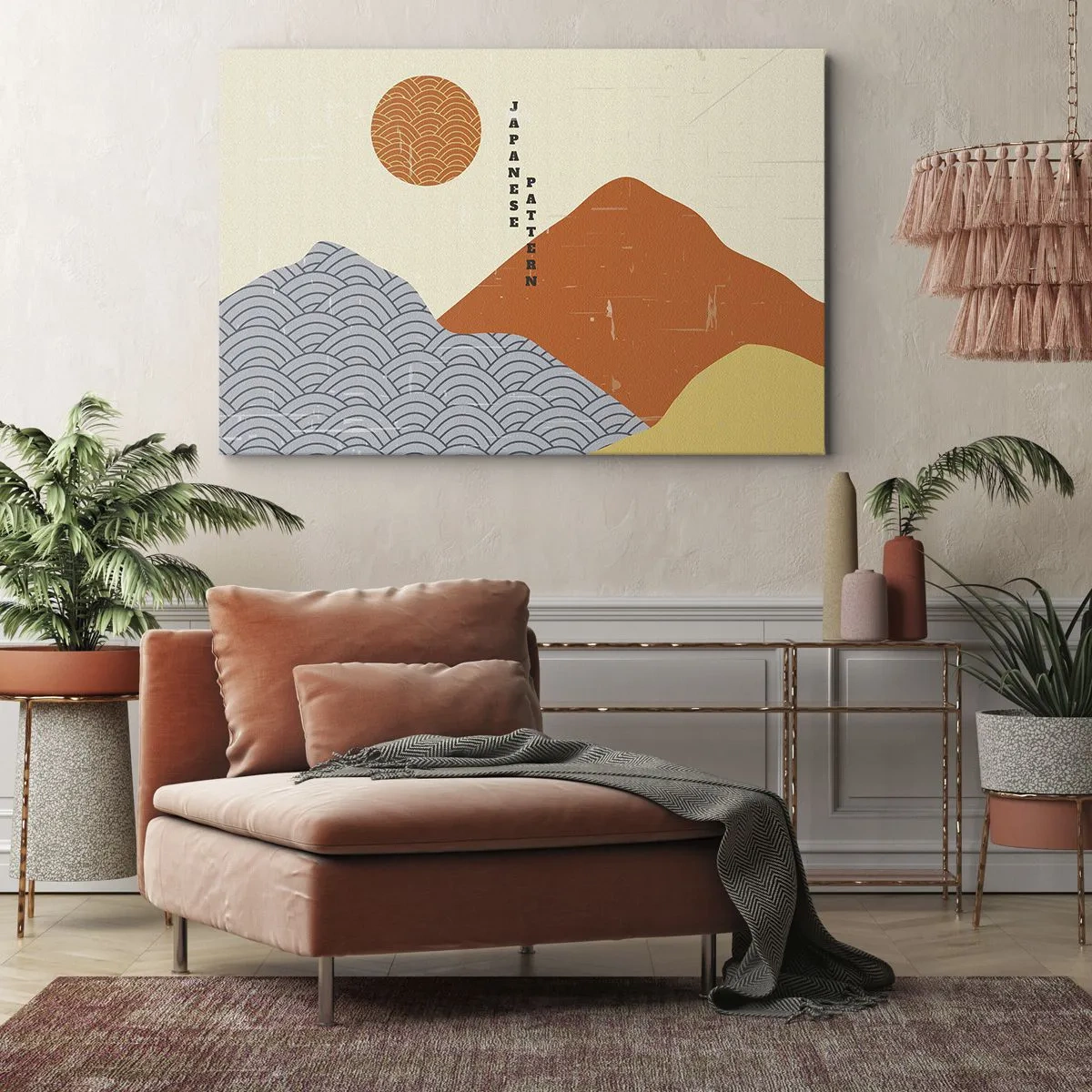 Impression sur toile - Image sur toile - Motifs japonais avec montagnes, soleil et style minimaliste - 100x70cm - Dans l'esprit japonais - Décoration murale moderne pour le salon et la chambre ARTTOR