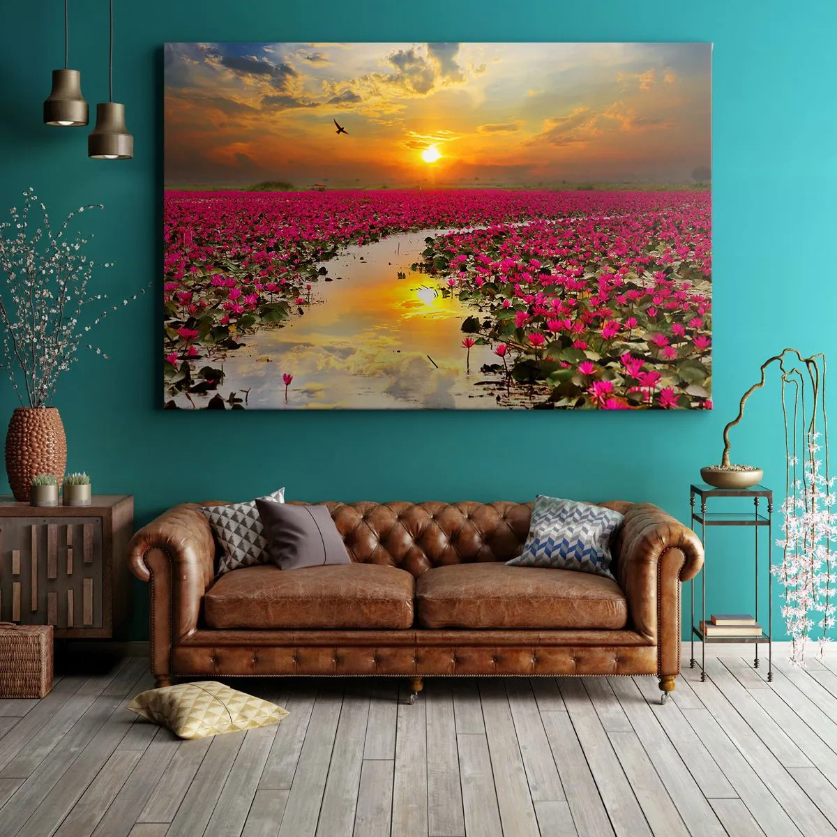 Impression sur toile - Image sur toile - Un champ de nénuphars roses au coucher du soleil - 100x70cm - La vie secrète du lac - Décoration murale moderne pour le salon et la chambre ARTTOR