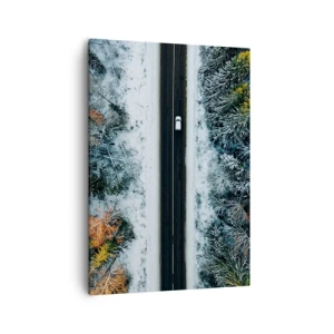 Impression sur toile - Image sur toile - Une route à travers une forêt hivernale vue à vol d'oiseau - 50x70cm - Couper à travers la forêt d'hiver - Décoration murale moderne pour le salon et la chambre ARTTOR