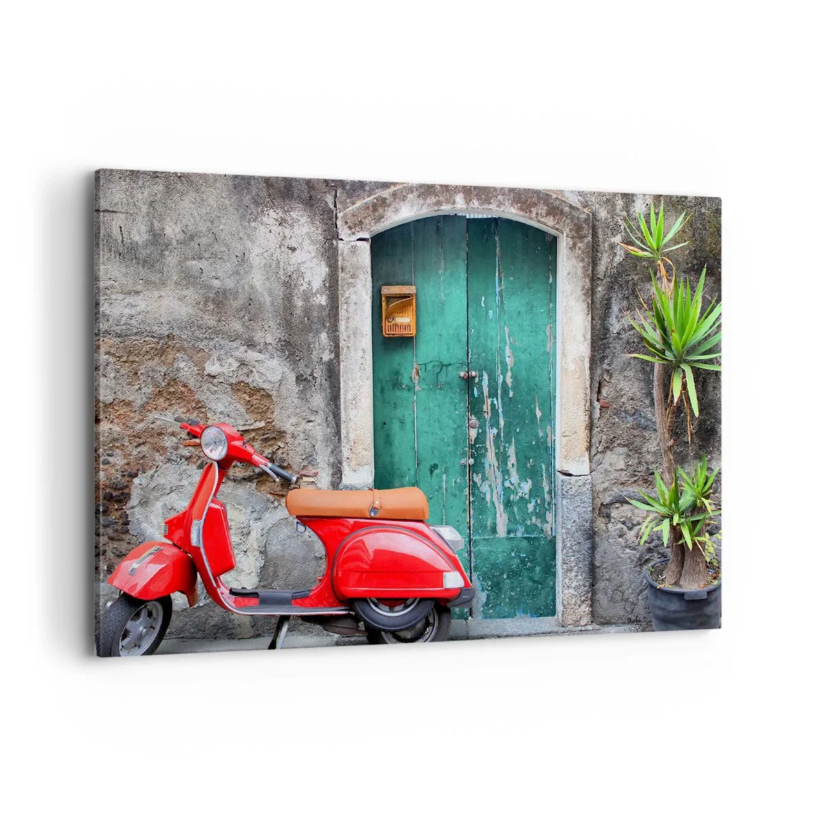 Impression sur toile - Image sur toile - Scooter rouge près de la porte verte - 100x70cm - Vacances italiennes - Décoration murale moderne pour le salon et la chambre ARTTOR