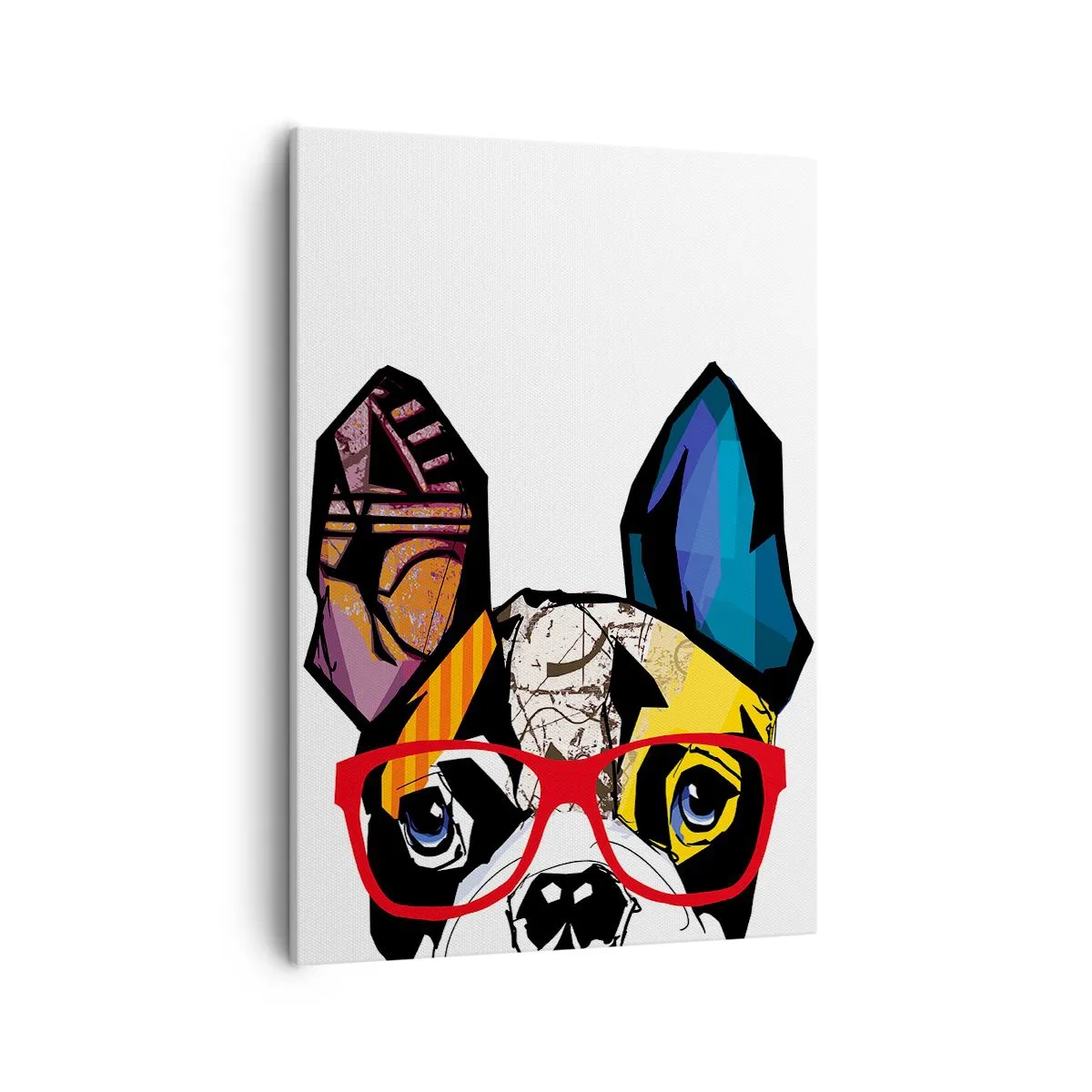 Impression sur toile - Image sur toile - Bouledogue dans une illustration colorée avec des lunettes rouges - 50x70cm - Intellectuel - Décoration murale moderne pour le salon et la chambre ARTTOR