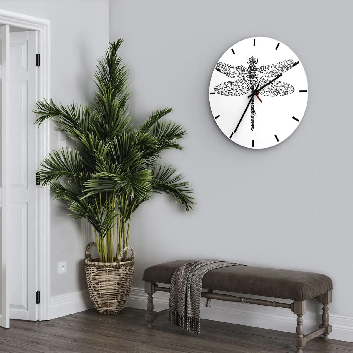 Horloge murale - Pendule murale - Illustration détaillée d'une libellule en noir sur fond blanc - 30x30cm - Précision de la nature - Décoration murale moderne pour le salon, la cuisine et la chambre ARTTOR