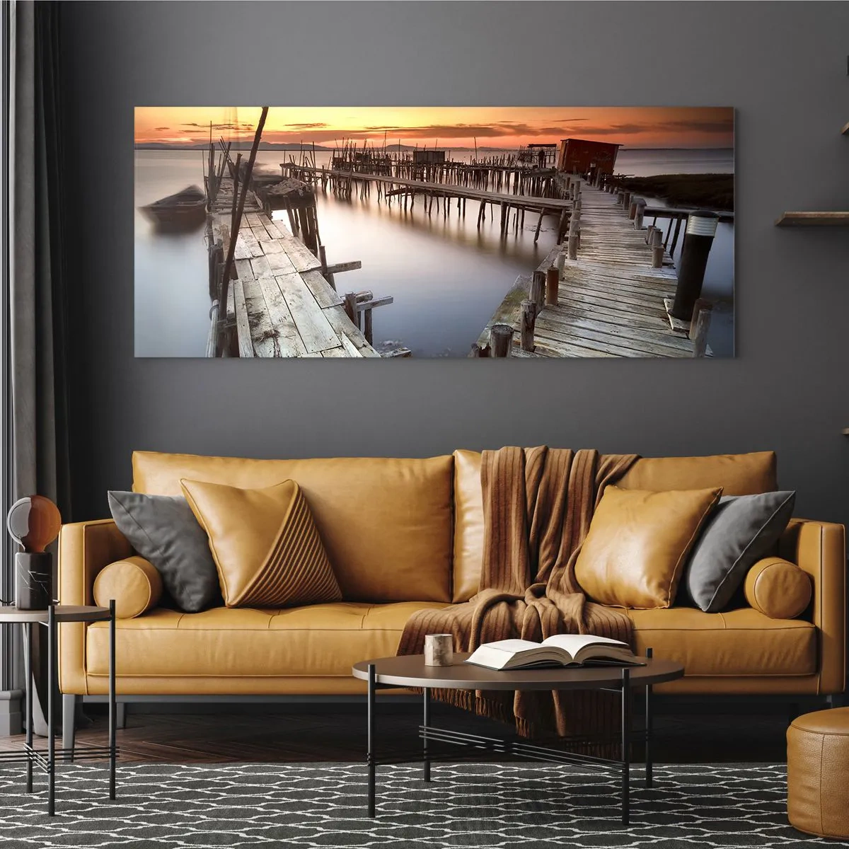 Impression sur verre - Image sur verre - Jetées en bois sur une eau calme au coucher du soleil - 160x50cm - Authentique, pas un attrape touristique - Décoration murale moderne pour le salon et la chambre ARTTOR