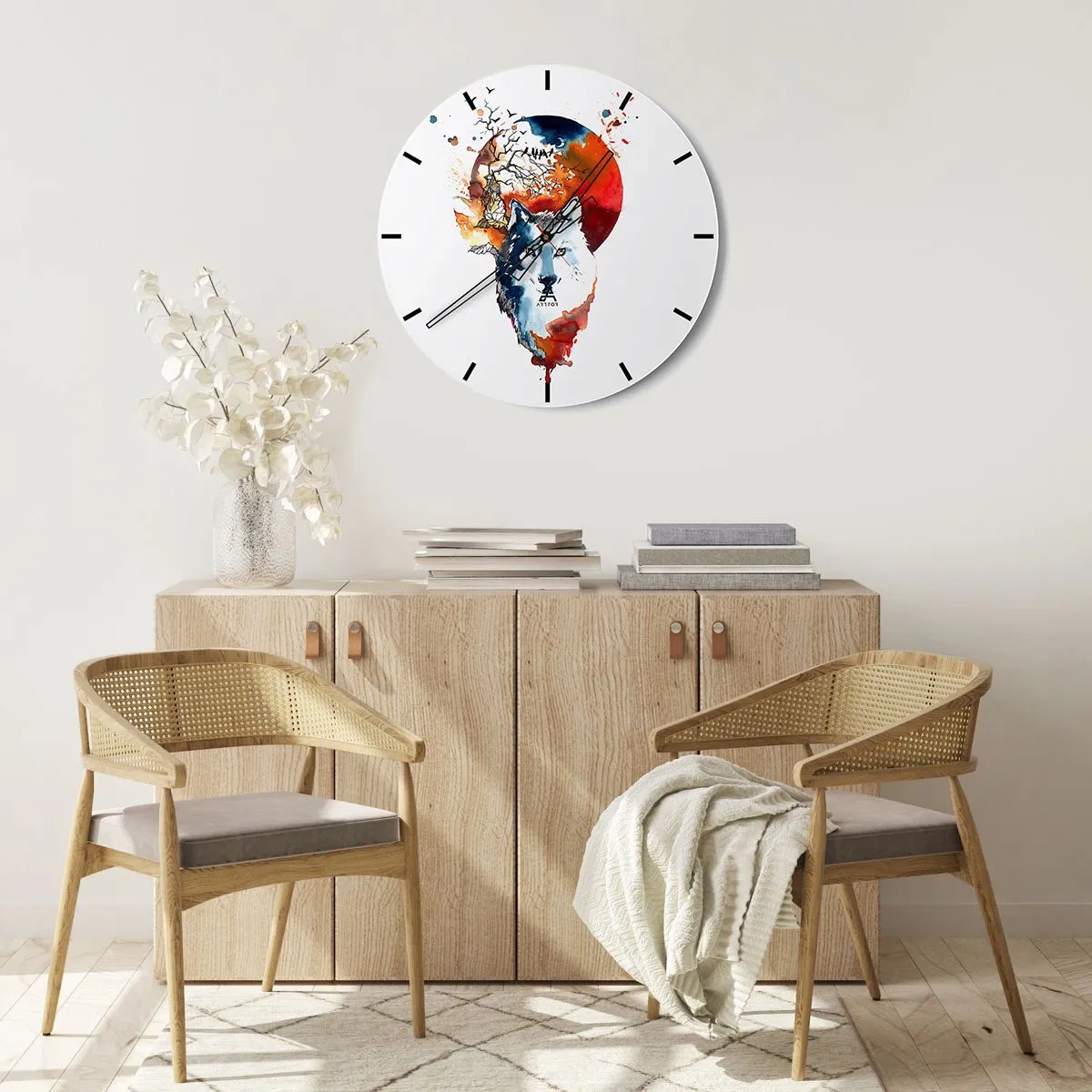 Horloge murale - Pendule murale - Aquarelle représentant un loup avec un soleil couchant en arrière-plan - 30x30cm - Nez à nez avec la nuit - Décoration murale moderne pour le salon, la cuisine et la chambre ARTTOR