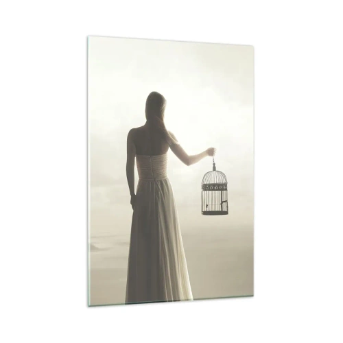 Impression sur verre - Image sur verre - Une femme avec une cage contre un ciel calme - 80x120cm - Soi libre - Décoration murale moderne pour le salon et la chambre ARTTOR