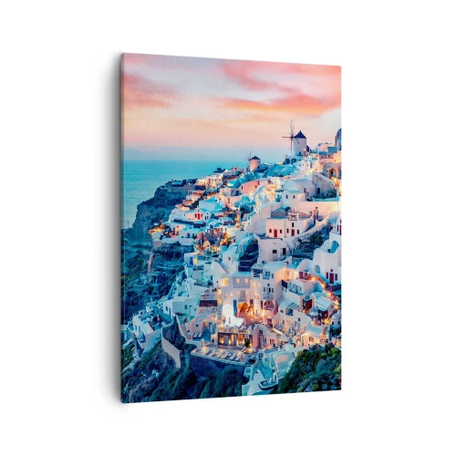 Impression sur toile - Image sur toile - Santorin au coucher du soleil avec des bâtiments blancs sur la colline - 50x70cm - Vos grandes vacances en Grèce - Décoration murale moderne pour le salon et la chambre ARTTOR