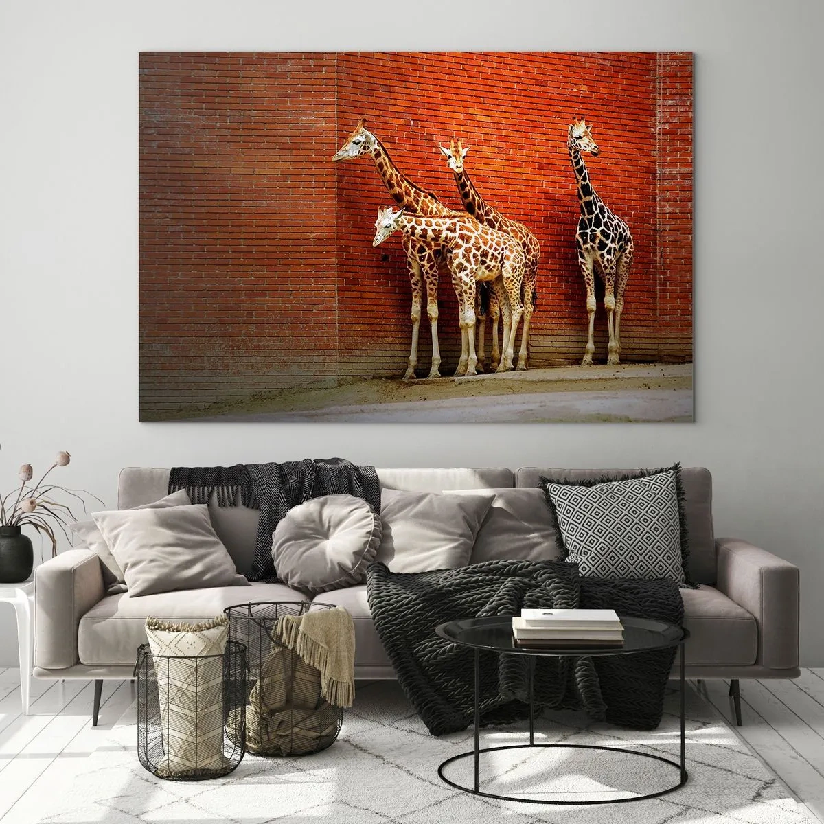 Impression sur verre - Image sur verre - Girafes contre un mur de briques - 70x50cm - Voyez-vous des acacias ? - Décoration murale moderne pour le salon et la chambre ARTTOR
