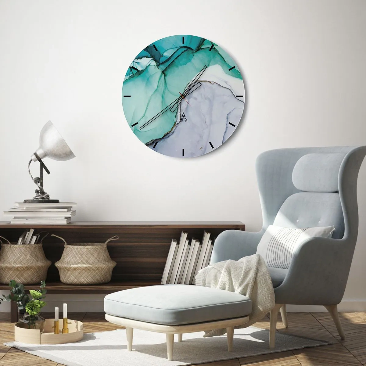 Horloge murale - Pendule murale - Une forme abstraite en turquoise et gris ressemblant à de la pierre. - 30x30cm - Étude de turquoise - Décoration murale moderne pour le salon, la cuisine et la chambre ARTTOR