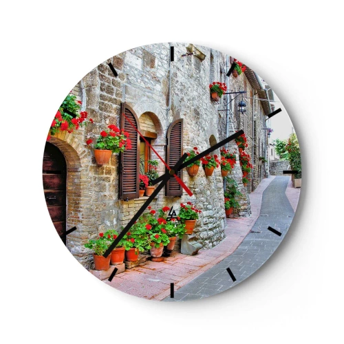 Horloge murale - Pendule murale - Une rue en pierre avec des fleurs en pot - 30x30cm - Ambiance italienne - Décoration murale moderne pour le salon, la cuisine et la chambre ARTTOR
